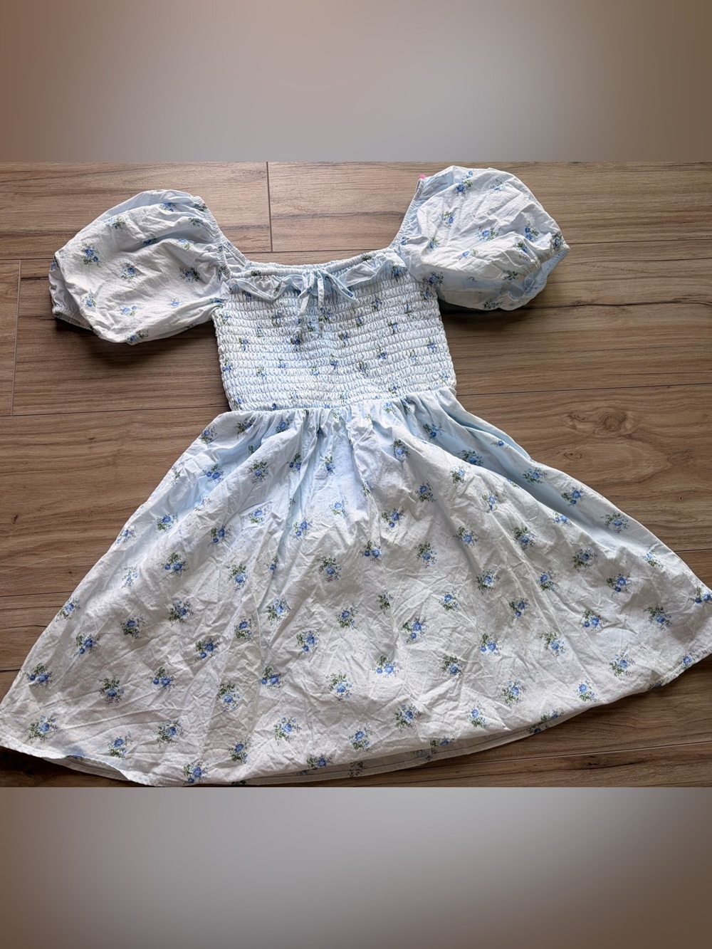 Altar'd State Light Blue Floral Puff-Sleeve Smocked Dress